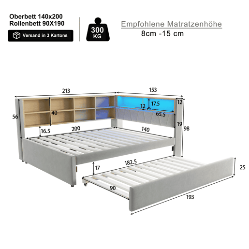Sofá-cama 140x200 - Cama extensível 90x190, com luzes LED, tomadas e compartimentos de arrumação, sofá multifuncional, cama individual, flanela, cinzento claro.