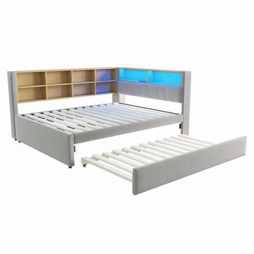 Sofá-cama 140x200 - Cama extensível 90x190, com luzes LED, tomadas e compartimentos de arrumação, sofá multifuncional, cama individual, flanela, cinzento claro.