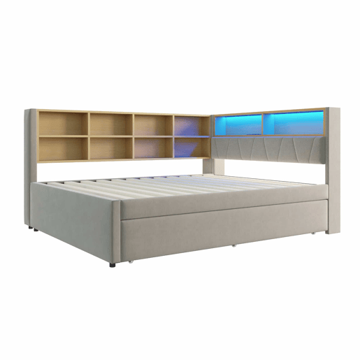 Sofá-cama 140x200 - Cama extensível 90x190, com luzes LED, tomadas e compartimentos de arrumação, sofá multifuncional, cama individual, flanela, cinzento claro.