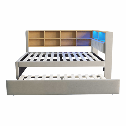 Sofá-cama 140x200 - Cama extensível 90x190, com luzes LED, tomadas e compartimentos de arrumação, sofá multifuncional, cama individual, flanela, cinzento claro.