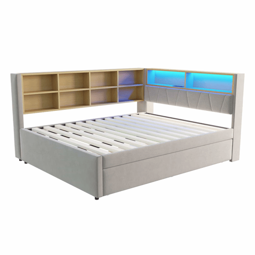 Sofá-cama 140x200 - Cama extensível 90x190, com luzes LED, tomadas e compartimentos de arrumação, sofá multifuncional, cama individual, flanela, cinzento claro.