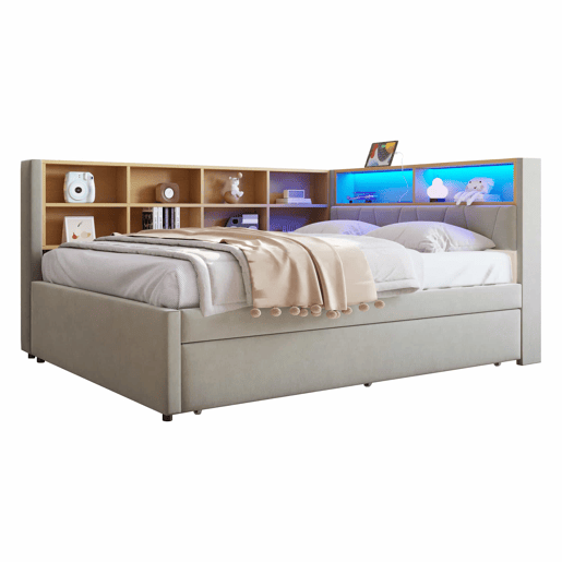 Sofá-cama 140x200 - Cama extensível 90x190, com luzes LED, tomadas e compartimentos de arrumação, sofá multifuncional, cama individual, flanela, cinzento claro.