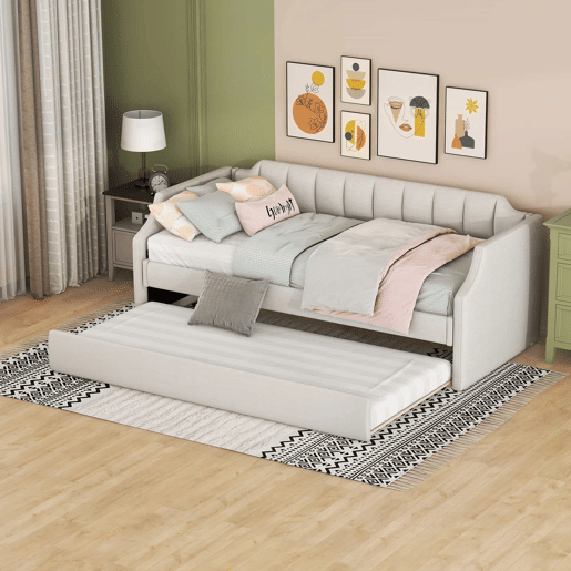 Cama de rodízio 90x190200cm em tecido de linho - com estrado de molas - Bege