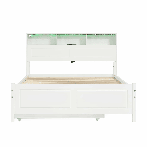 Cama de casal 120x200&90x190cm - Cama plana, cama familiar, com fitas de luz ambiente, porta de carregamento integrada, cama extraível, arrumação na cabeceira - Branco