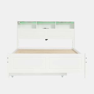 Cama de casal 120x200&90x190cm - Cama plana, cama familiar, com fitas de luz ambiente, porta de carregamento integrada, cama extraível, arrumação na cabeceira - Branco