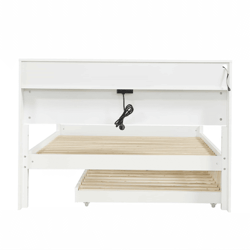 Cama de casal 120x200&90x190cm - Cama plana, cama familiar, com fitas de luz ambiente, porta de carregamento integrada, cama extraível, arrumação na cabeceira - Branco