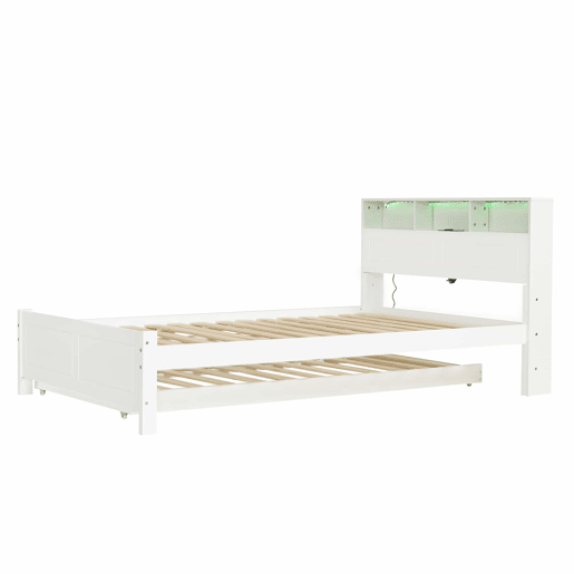 Cama de casal 120x200&90x190cm - Cama plana, cama familiar, com fitas de luz ambiente, porta de carregamento integrada, cama extraível, arrumação na cabeceira - Branco