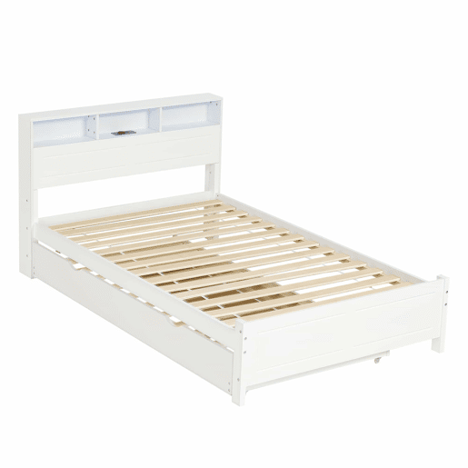 Cama de casal 120x200&90x190cm - Cama plana, cama familiar, com fitas de luz ambiente, porta de carregamento integrada, cama extraível, arrumação na cabeceira - Branco