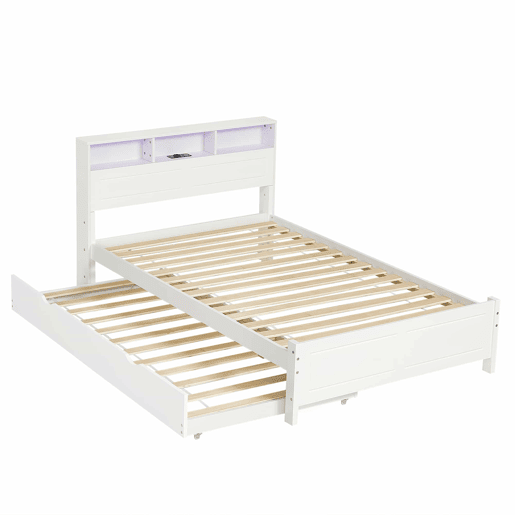 Cama de casal 120x200&90x190cm - Cama plana, cama familiar, com fitas de luz ambiente, porta de carregamento integrada, cama extraível, arrumação na cabeceira - Branco