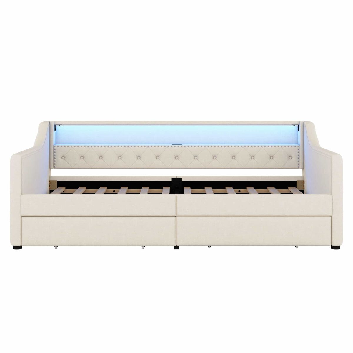 Día cama 90x200 cm - sofá cama, con lattenrost (sin colchón), luz ambiental con mando, dos cajones, puerto usb - beige