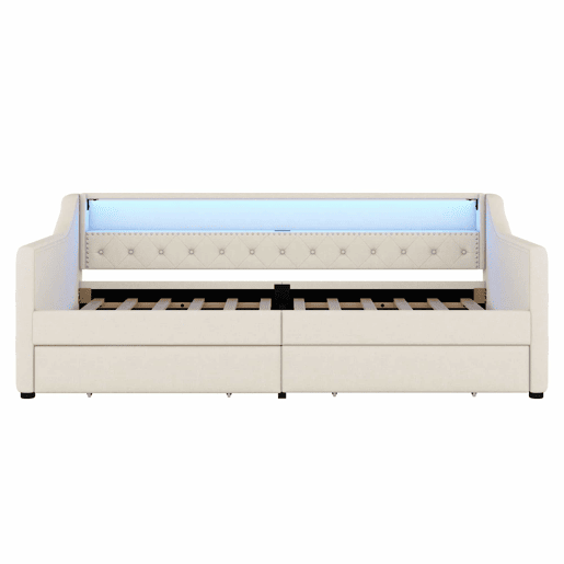 Cama de dia 90x200 cm - Sofá-cama, com estrado de ripas (sem colchão), luz ambiente com comando, duas gavetas, porta USB - Bege