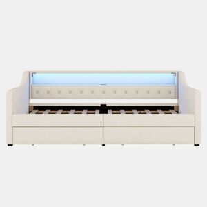 Cama de dia 90x200 cm - Sofá-cama, com estrado de ripas (sem colchão), luz ambiente com comando, duas gavetas, porta USB - Bege