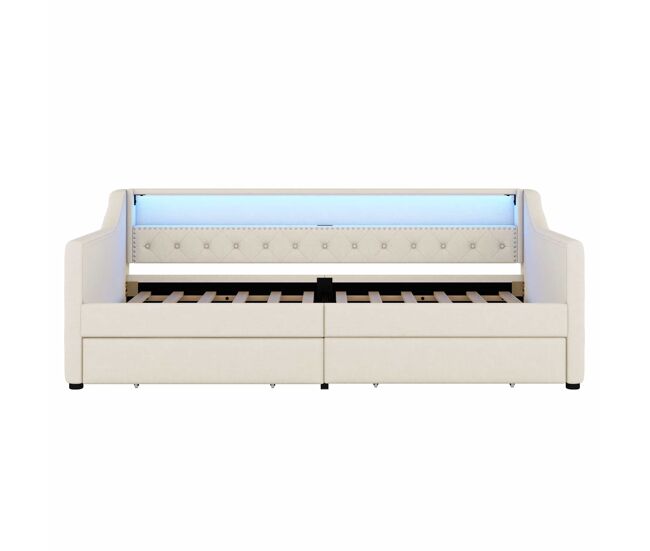 Día cama 90x200 cm - sofá cama, con lattenrost (sin colchón), luz ambiental con mando, dos cajones, puerto usb - beige