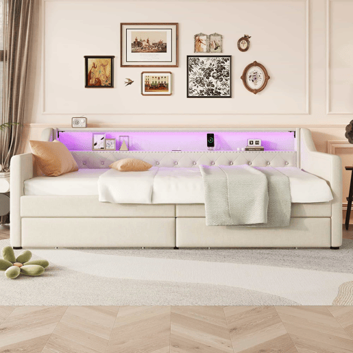Cama de dia 90x200 cm - Sofá-cama, com estrado de ripas (sem colchão), luz ambiente com comando, duas gavetas, porta USB - Bege