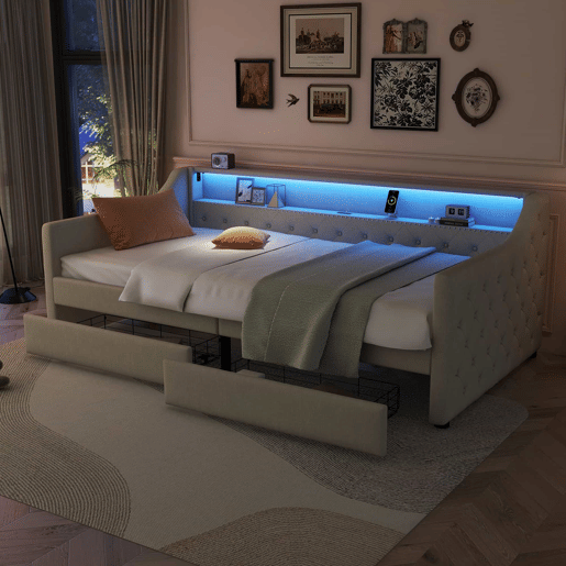 Cama de dia 90x200 cm - Sofá-cama, com estrado de ripas (sem colchão), luz ambiente com comando, duas gavetas, porta USB - Bege