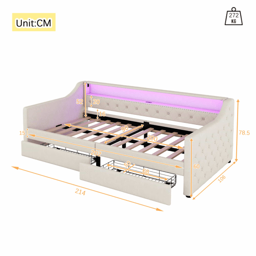 Cama de dia 90x200 cm - Sofá-cama, com estrado de ripas (sem colchão), luz ambiente com comando, duas gavetas, porta USB - Bege