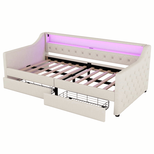 Cama de dia 90x200 cm - Sofá-cama, com estrado de ripas (sem colchão), luz ambiente com comando, duas gavetas, porta USB - Bege