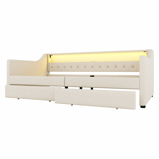 Cama de dia 90x200 cm - Sofá-cama, com estrado de ripas (sem colchão), luz ambiente com comando, duas gavetas, porta USB - Bege