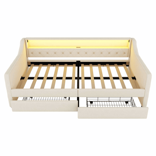 Cama de dia 90x200 cm - Sofá-cama, com estrado de ripas (sem colchão), luz ambiente com comando, duas gavetas, porta USB - Bege