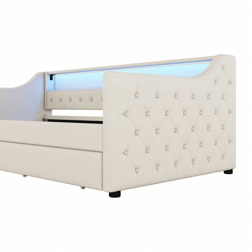 Cama de dia 90x200 cm - Sofá-cama, com estrado de ripas (sem colchão), luz ambiente com comando, duas gavetas, porta USB - Bege