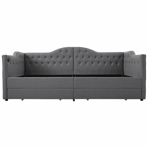 Lit avec tiroirs 90x190cm estofado em linho - com função de carga e estrado de ripas - Cinzento (colchão não incluído)