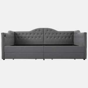 Lit avec tiroirs 90x190cm estofado em linho - com função de carga e estrado de ripas - Cinzento (colchão não incluído)