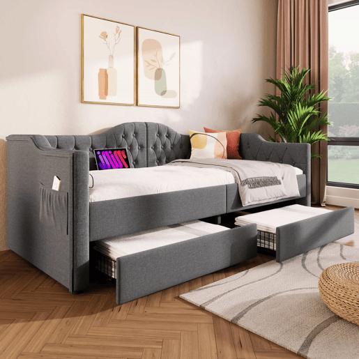 Lit avec tiroirs 90x190cm estofado em linho - com função de carga e estrado de ripas - Cinzento (colchão não incluído)