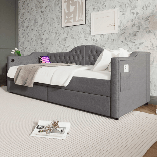 Lit avec tiroirs 90x190cm estofado em linho - com função de carga e estrado de ripas - Cinzento (colchão não incluído)