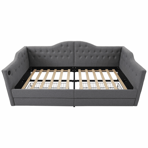 Lit avec tiroirs 90x190cm estofado em linho - com função de carga e estrado de ripas - Cinzento (colchão não incluído)