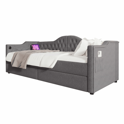 Lit avec tiroirs 90x190cm estofado em linho - com função de carga e estrado de ripas - Cinzento (colchão não incluído)