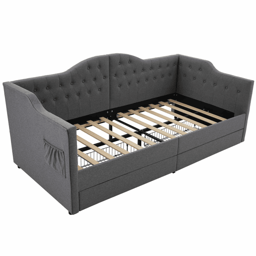 Lit avec tiroirs 90x190cm estofado em linho - com função de carga e estrado de ripas - Cinzento (colchão não incluído)