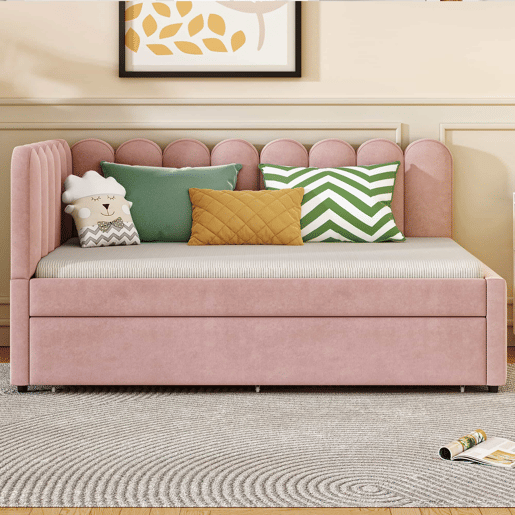 Sofá-cama em forma de L 140x200 cm - Encosto com flores e cama extraível - Veludo rosa