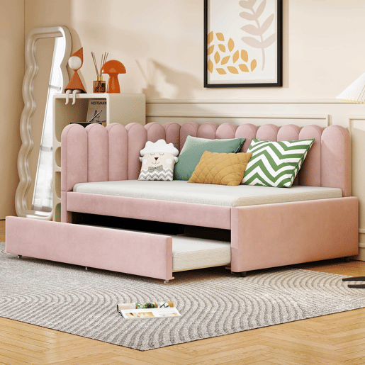 Sofá-cama em forma de L 140x200 cm - Encosto com flores e cama extraível - Veludo rosa