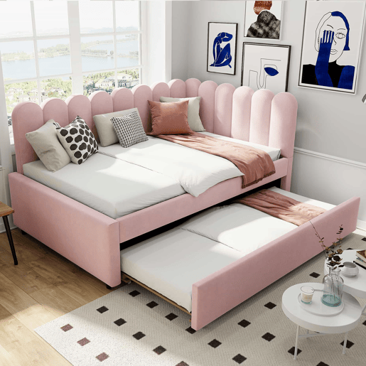 Sofá-cama em forma de L 140x200 cm - Encosto com flores e cama extraível - Veludo rosa