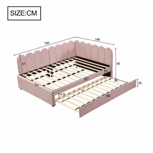 Sofá-cama em forma de L 140x200 cm - Encosto com flores e cama extraível - Veludo rosa