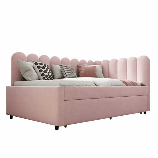 Sofá-cama em forma de L 140x200 cm - Encosto com flores e cama extraível - Veludo rosa