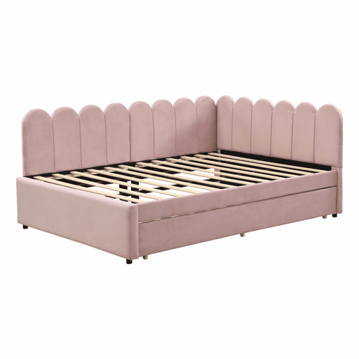 Sofá-cama em forma de L 140x200 cm - Encosto com flores e cama extraível - Veludo rosa