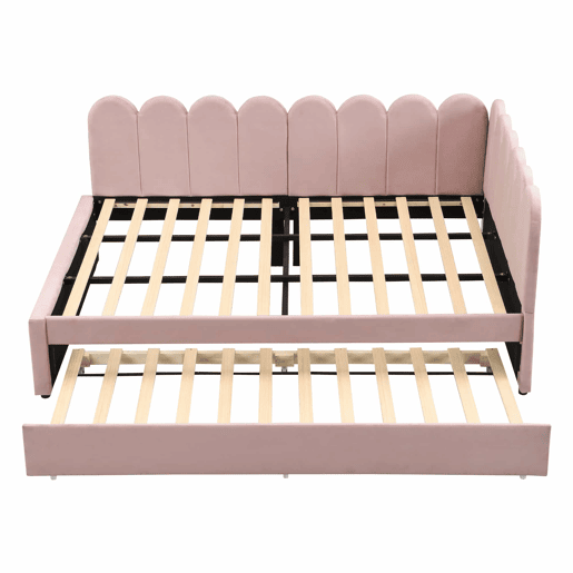 Sofá-cama em forma de L 140x200 cm - Encosto com flores e cama extraível - Veludo rosa