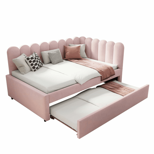 Sofá-cama em forma de L 140x200 cm - Encosto com flores e cama extraível - Veludo rosa