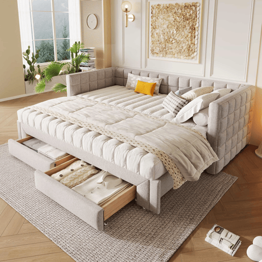 Daybett 90x200cm - Sofá-cama com encosto quadrado, cama extensível (até 180 tamanho Queen), 2 gavetas - Bege