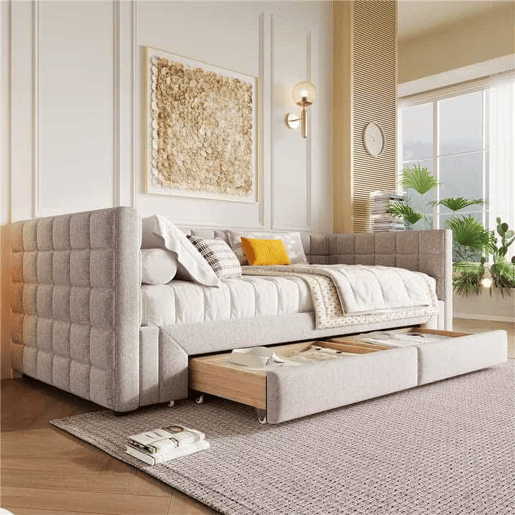 Daybett 90x200cm - Sofá-cama com encosto quadrado, cama extensível (até 180 tamanho Queen), 2 gavetas - Bege