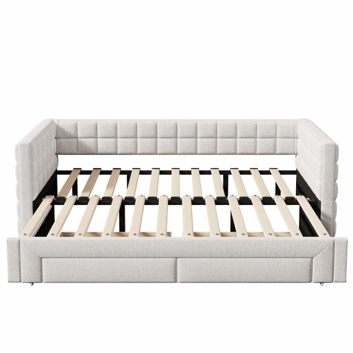 Daybett 90x200cm - Sofá-cama com encosto quadrado, cama extensível (até 180 tamanho Queen), 2 gavetas - Bege