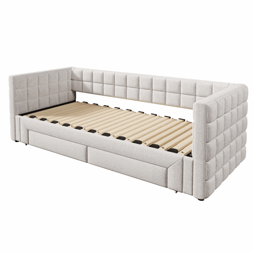 Daybett 90x200cm - Sofá-cama com encosto quadrado, cama extensível (até 180 tamanho Queen), 2 gavetas - Bege
