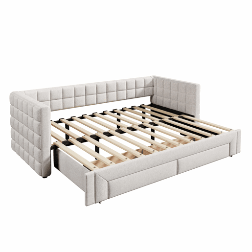 Daybett 90x200cm - Sofá-cama com encosto quadrado, cama extensível (até 180 tamanho Queen), 2 gavetas - Bege