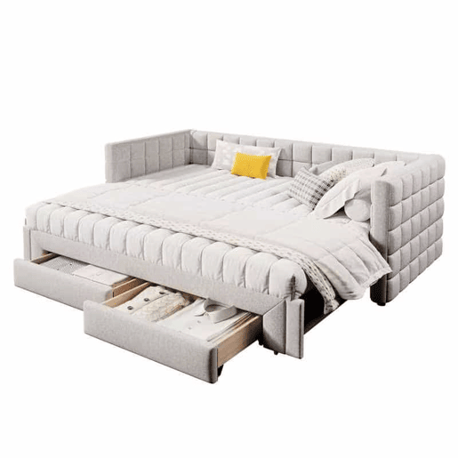 Daybett 90x200cm - Sofá-cama com encosto quadrado, cama extensível (até 180 tamanho Queen), 2 gavetas - Bege