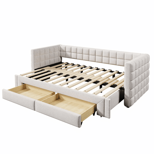 Daybett 90x200cm - Sofá-cama com encosto quadrado, cama extensível (até 180 tamanho Queen), 2 gavetas - Bege