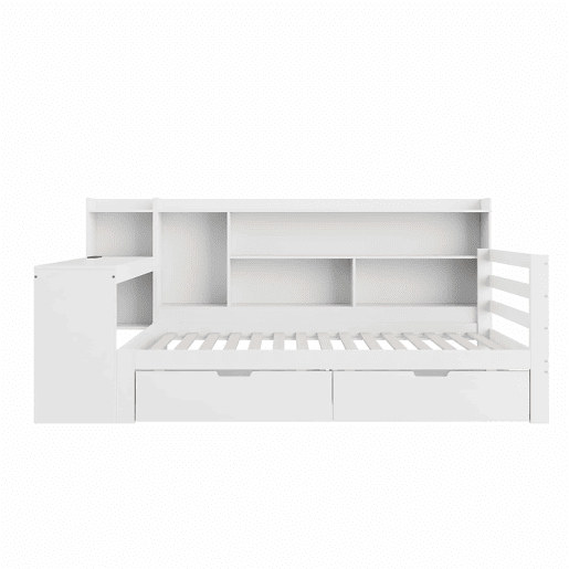 Sofá-cama 90 x 200 cm - Com secretária, estante, compartimentos e tomada - Branco Sofá-cama 90 x 200 cm - Com secretária, estante, compartimentos e tomada - Branco