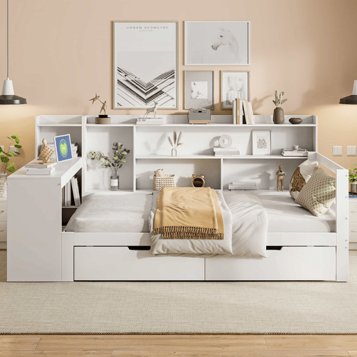 Sofá-cama 90 x 200 cm - Com secretária, estante, compartimentos e tomada - Branco Sofá-cama 90 x 200 cm - Com secretária, estante, compartimentos e tomada - Branco