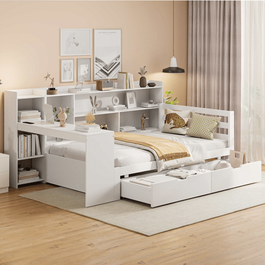 Sofá-cama 90 x 200 cm - Com secretária, estante, compartimentos e tomada - Branco Sofá-cama 90 x 200 cm - Com secretária, estante, compartimentos e tomada - Branco