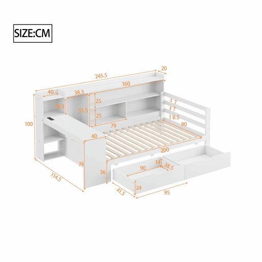 Sofá-cama 90 x 200 cm - Com secretária, estante, compartimentos e tomada - Branco Sofá-cama 90 x 200 cm - Com secretária, estante, compartimentos e tomada - Branco